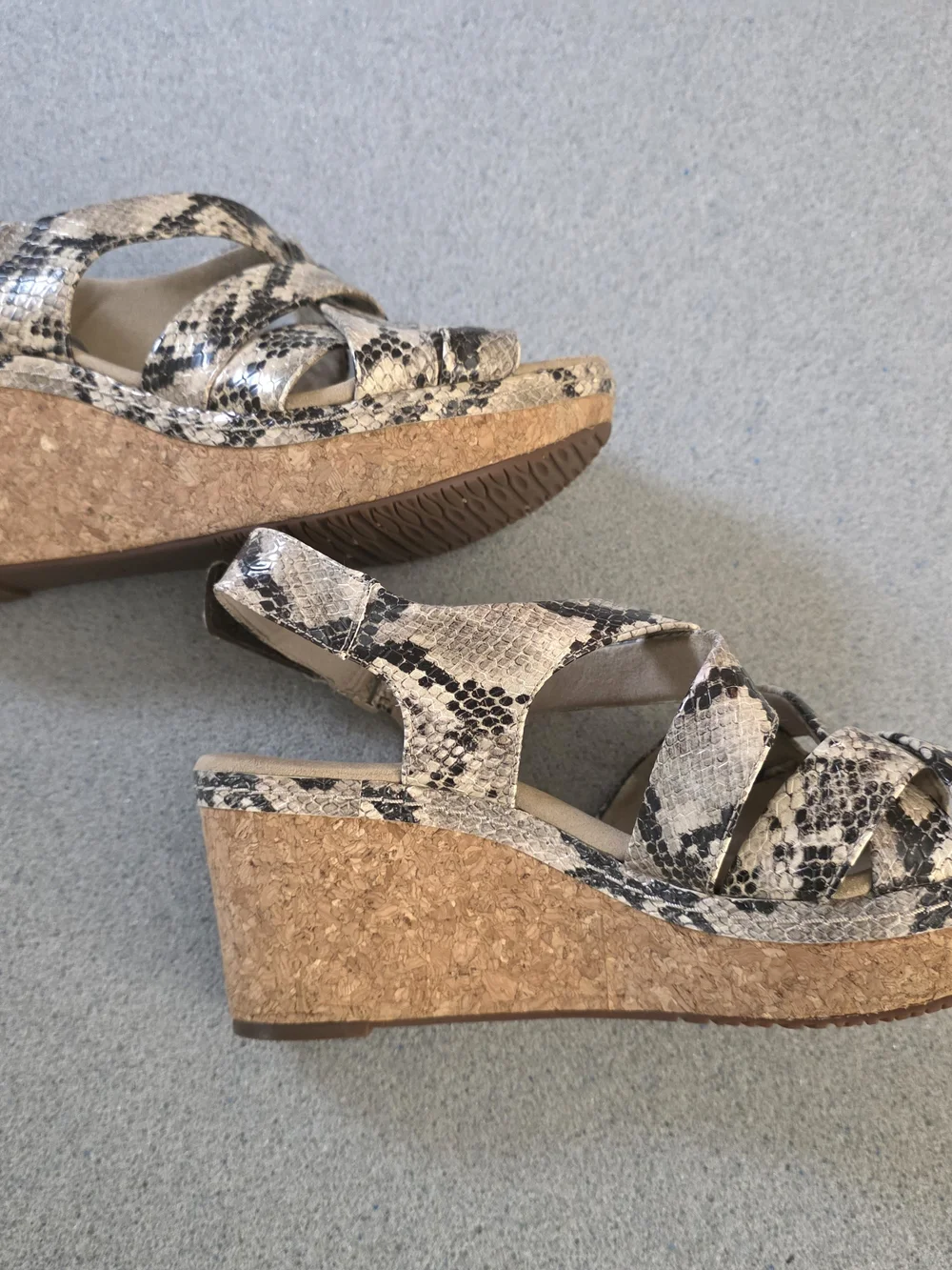 Clarks Women’s Snake-Print Cork Wedge Sandals in Beige